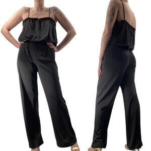 Vintage 70s Wide Leg Jumpsuit Strappy Blouson Bodice High Waist Black Womens M